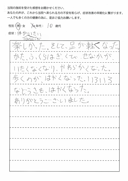 全身に痛みのある小学生。短期間で回復！